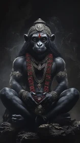 Mythic simian deity in meditative pose with ornate regalia.