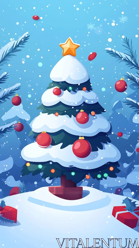 Snow covered Christmas tree with ornaments and star topper.