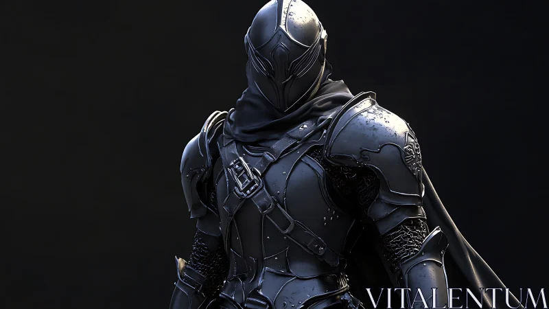 Armored figure in dark full plate stands against black
