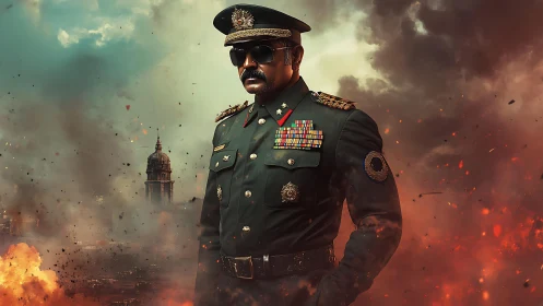 War-hardened general in burning city battlefield backdrop.