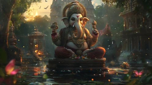 Golden Ganesha floats in dusk-lit temple pond of whispers
