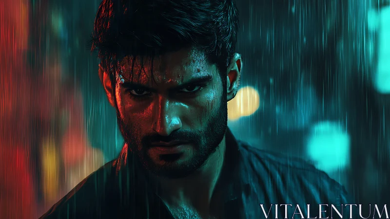 Intense male portrait in neon rain with strong rim lighting