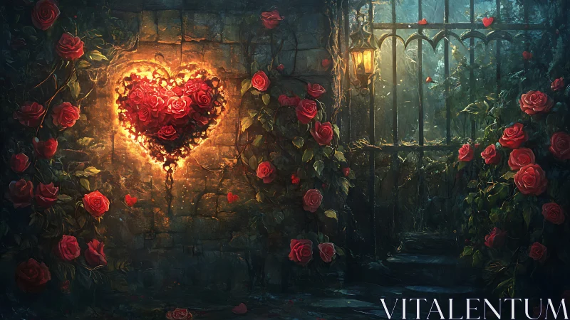 Luminescent Rose Heart Installation Within Overgrown Greenhouse Structure