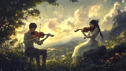 Sunlit hilltop violin duet sharing quiet golden melodies.