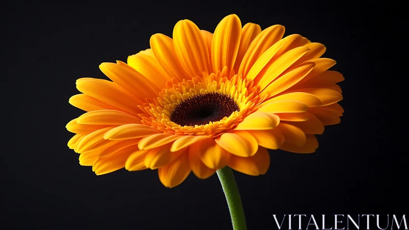 Single orange gerbera daisy glows against deep black background