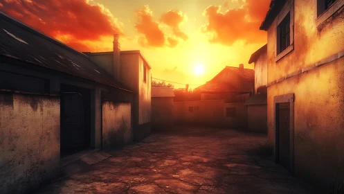 Low-rise alleyway structures are lit by a saturated sunset sky