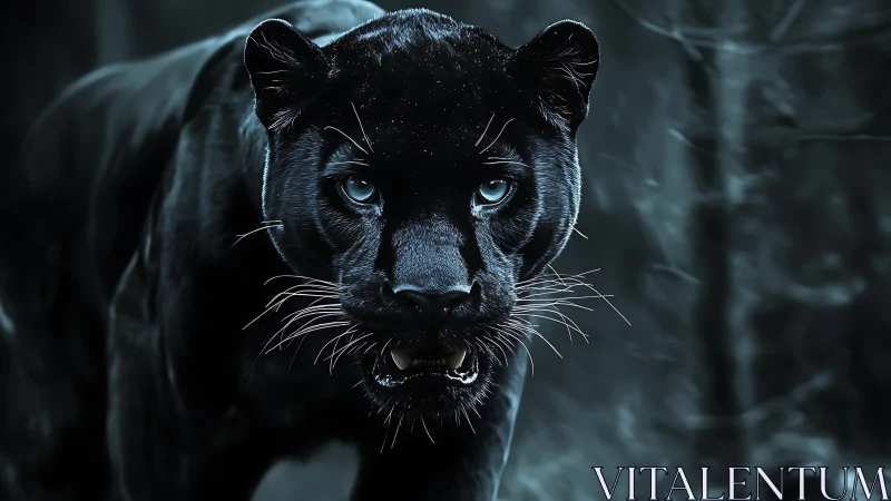 Black panther with light-colored eyes in low-light environment.