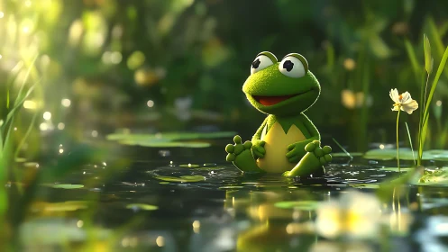 Sunlit pond jester frog basking in sparkled lilywater.