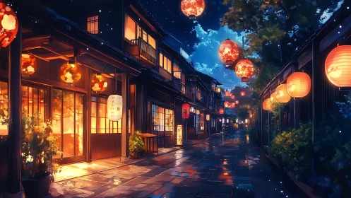 Lantern lit alley glows softly beneath a clear midnight sky