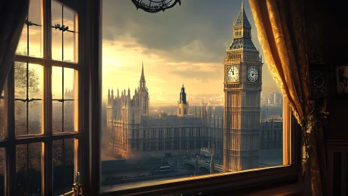 Golden-hour cityscape through ornate window framing.