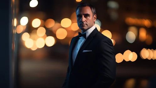 Elegant gentleman in a tuxedo stands amid glowing city lights