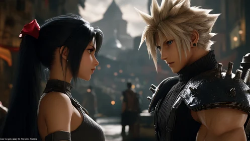 Two characters in confrontation within architectural setting