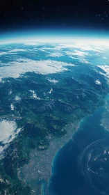 Curved Earth horizon with coastal mountains from space.