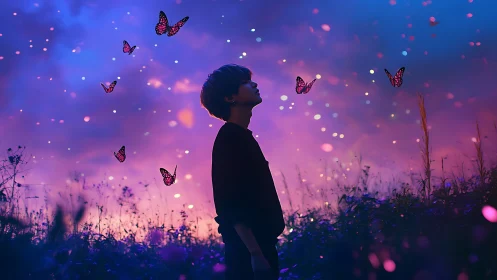 Twilight dreamer among glowing butterflies and neon dusk sky.
