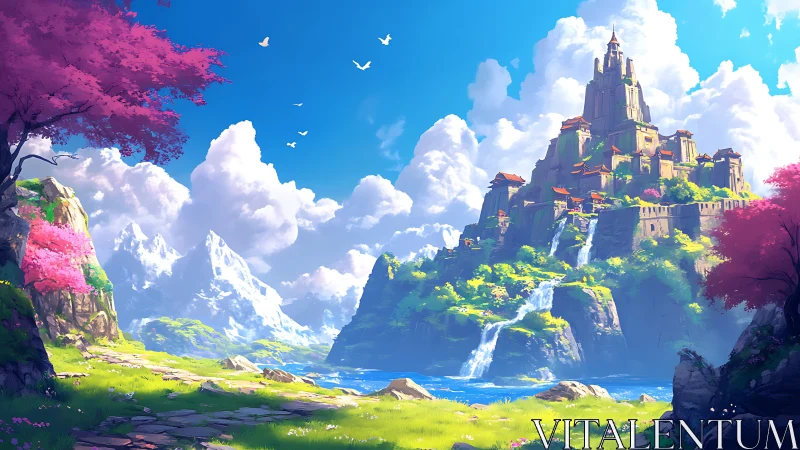 Mountain fortress with waterfalls in bright landscape.