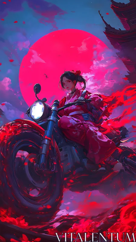 Samurai rider accelerates through crimson storm beneath moon