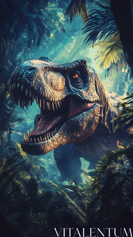 Roaring Tyrannosaurus rex lunges through dense misty jungle
