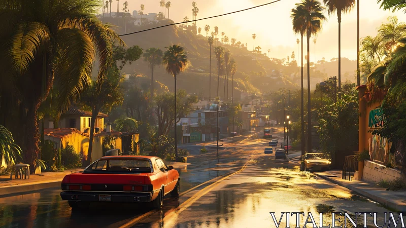 Sunlit palm-lined street with a vintage car after rainfall.