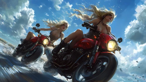 Twin riders surge through surf beneath a sweeping sky.