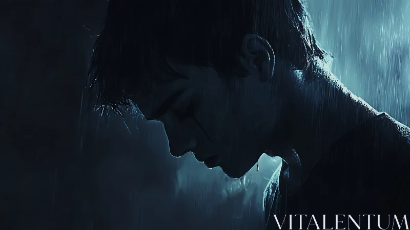 Silhouetted young man in rain with somber downward gaze.
