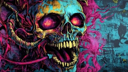 Mutated neon skull with glowing eyes and screaming mouth.