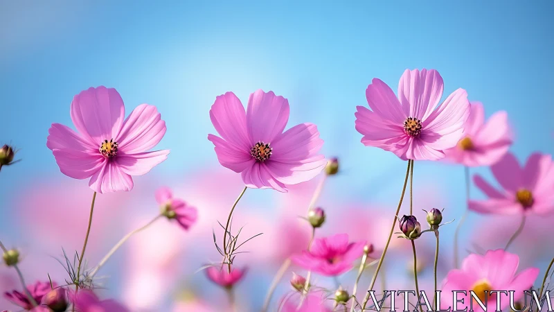 Pink cosmos flowers swaying under clear blue sky