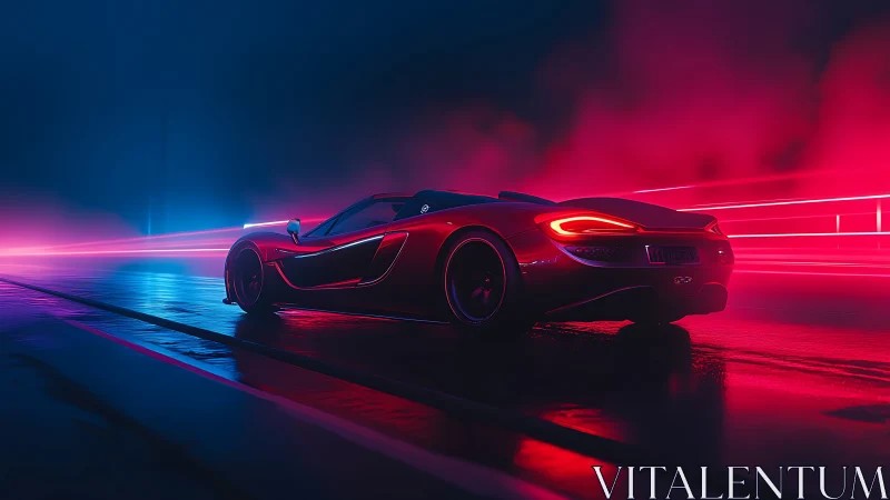 Neon red supercar slicing through electric midnight streets.