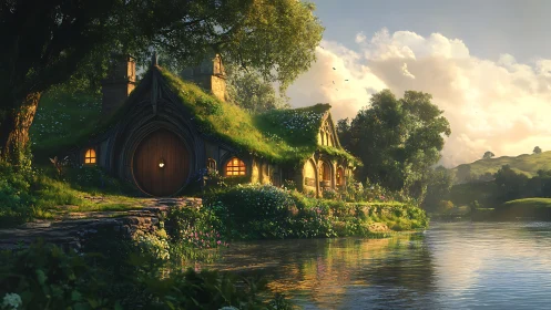 Hillside hobbit cottage glows beside tranquil riverside meadow.
