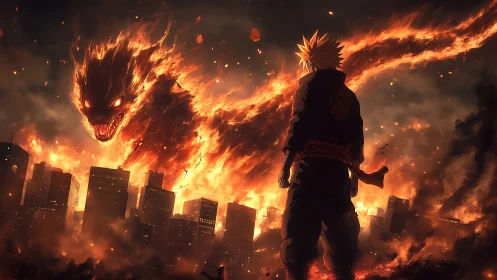 Incandescent urban leviathan confronting lone anime combatant.