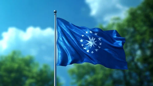 Blue celestial emblem flag waving in natural daylight sky.