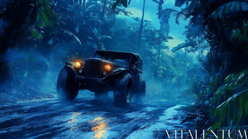 Off-road jeep powers through misty neon jungle trail.