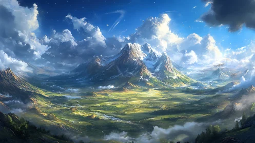 Mountainous valley landscape under expansive cloud cover.