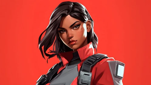 Focused female soldier portrait on solid red background.