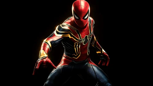 Spider-themed superhero crouches in glowing armored suit