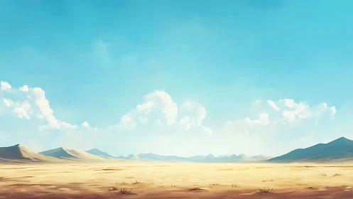 Wide sandy desert plain beneath clear blue daytime sky.