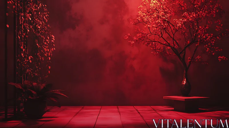 Crimson interior with sculpted bonsai tree in dramatic light.