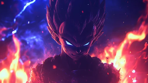 Blazing anime warrior emerging through neon inferno glow.