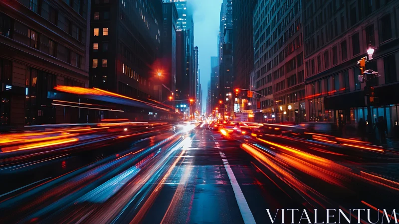 Urban night traffic light trails on wet downtown avenue.