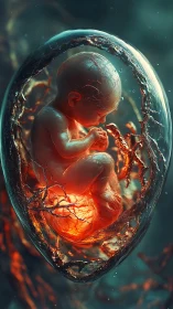 Fetal lifeform suspended in glowing bio-organic capsule.