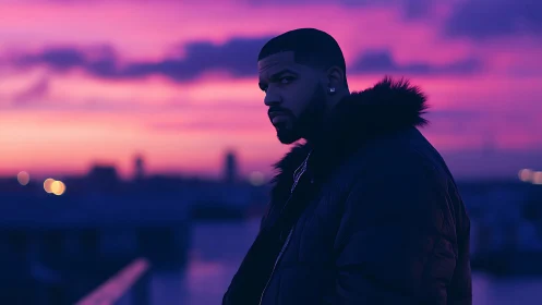 Quiet city rooftop moment under a dreamy purple sunset.
