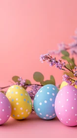 Pastel polka dot Easter eggs with blossom accents on pink.