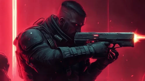 Cybernetic soldier aiming pistol under neon red backlight.