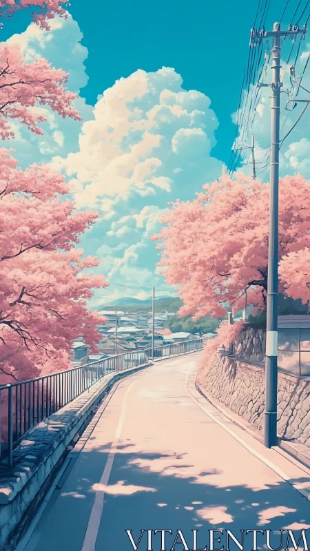 Cotton-candy hillside road under towering dream clouds.