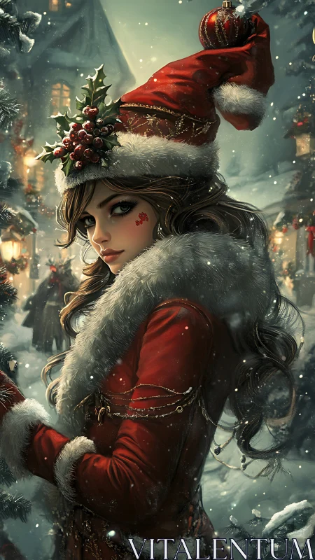 Winter sorceress in ornate red coat and snowlit village.