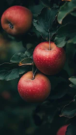 Ripe red apples hanging on leafy tree branch outdoors.