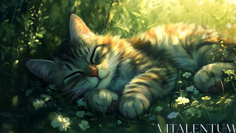 Sunlit garden nap with a dreamily dozing tabby cat.