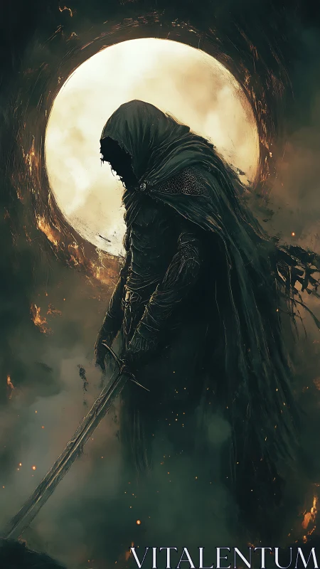 Shadowed moonlit warrior standing in quiet, eerie calm.