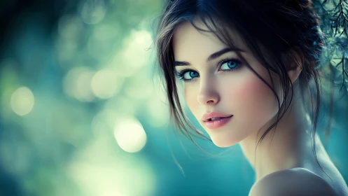 Ethereal blue-eyed portrait glows in dreamy forest light.