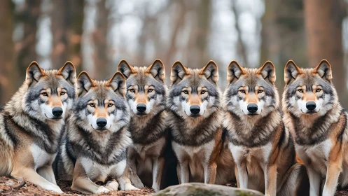 Row of six grey wolves posing alert in a forest clearing
