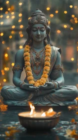 Meditative Shiva sculpture with garlanded adornment and diya glow.